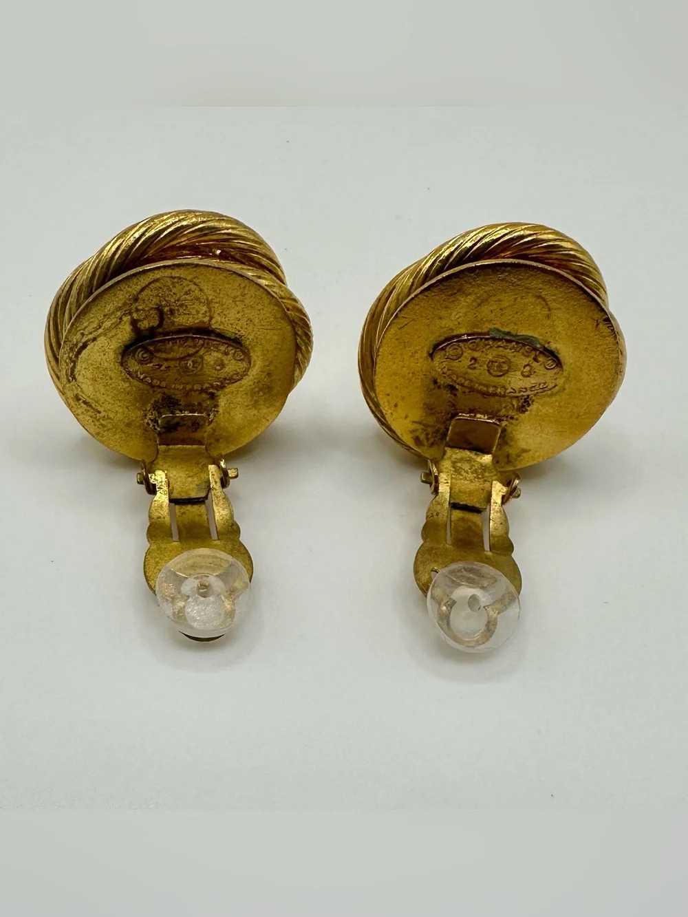 CHANEL Gold Plated Cream Faux Pearl Rhinestone Clip Earrings Twisted Rope 1992